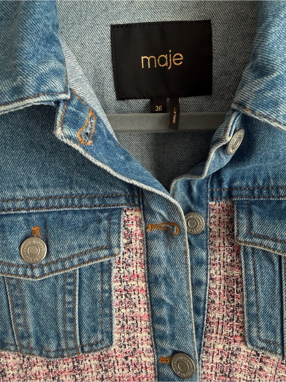 Maje Denim Jacket with Pink Tweed- Small